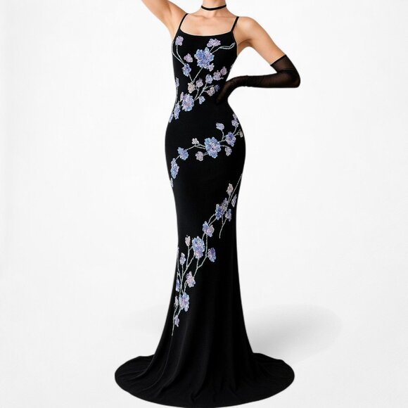 Vintage Black Blue Purple Floral Beaded Knit Maxi Bodycon Prom Dress Size M